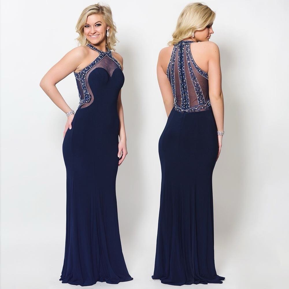 Elegant Navy Blue Jersey Halter Neck Beaded Formal Gown Trumpet Prom Dress Sz M